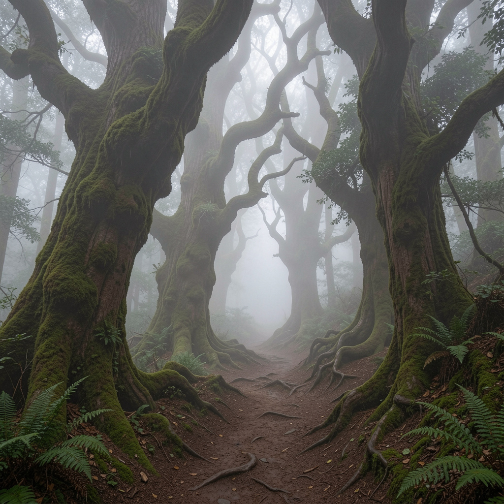 Winding forest trail through ancient trees