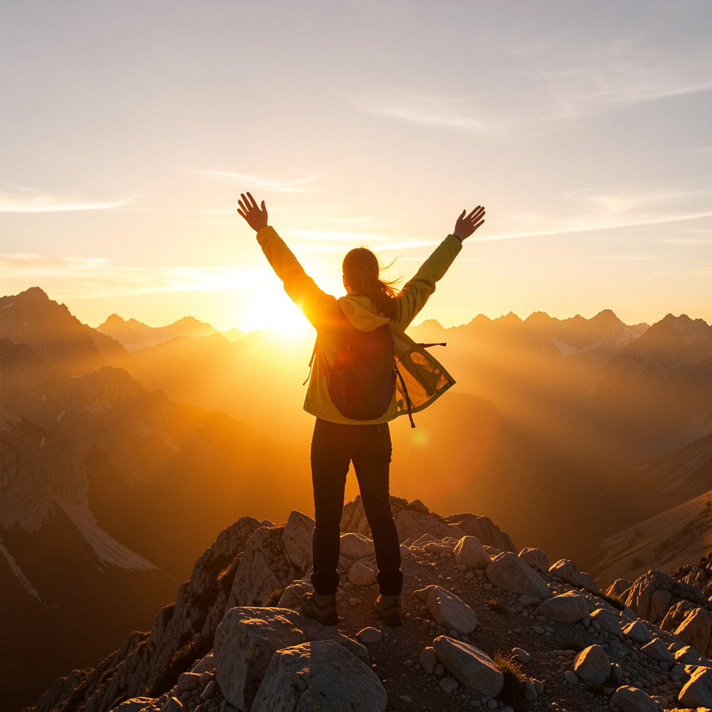 Hiker reaching mountain summit with arms raised